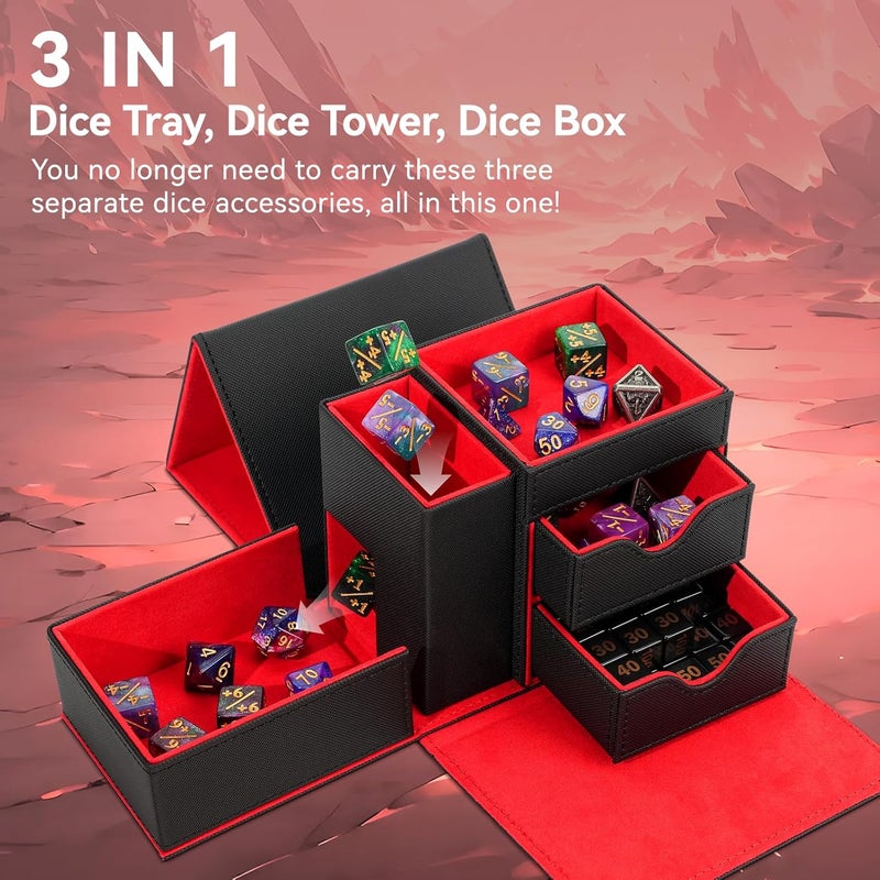 Stepane Dice Tray & Dice Tower Storage Box, 3 in 1 Dice Holder Case (Dice Rolling Tray, Dice Rolling Tower, Dice Storage Drawers), Leather Magnetic Closure DND Accessories Gifts for RPG MTG, Black/Red - Image 2